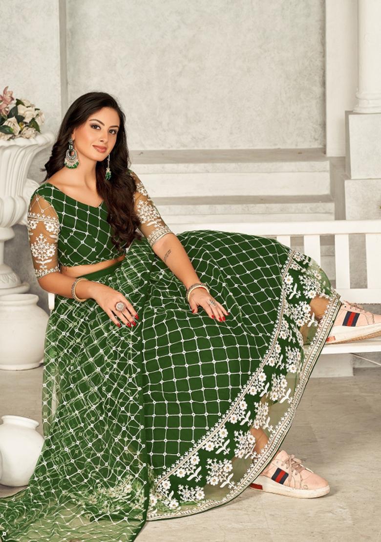 Mehendi Embroidered Net Lehenga Set - Indya