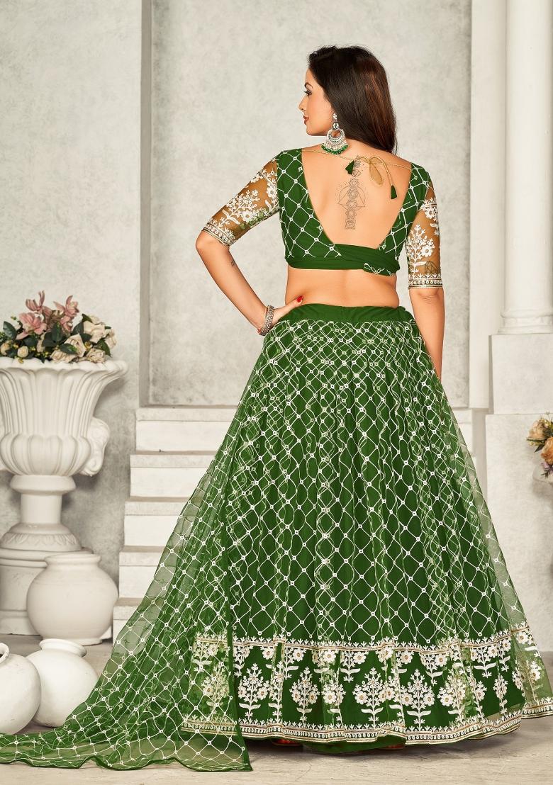 Mehendi Embroidered Net Lehenga Set - Indya