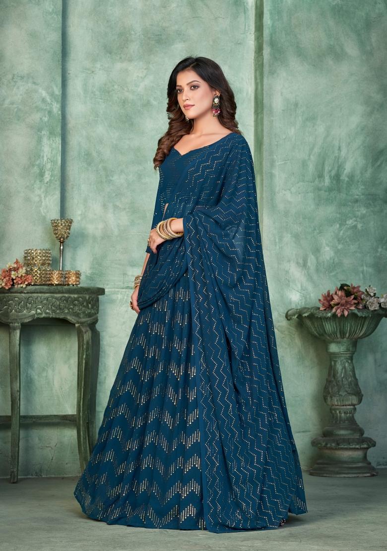 Aque Blue Embroidered Georgette Lehenga Set - Indya