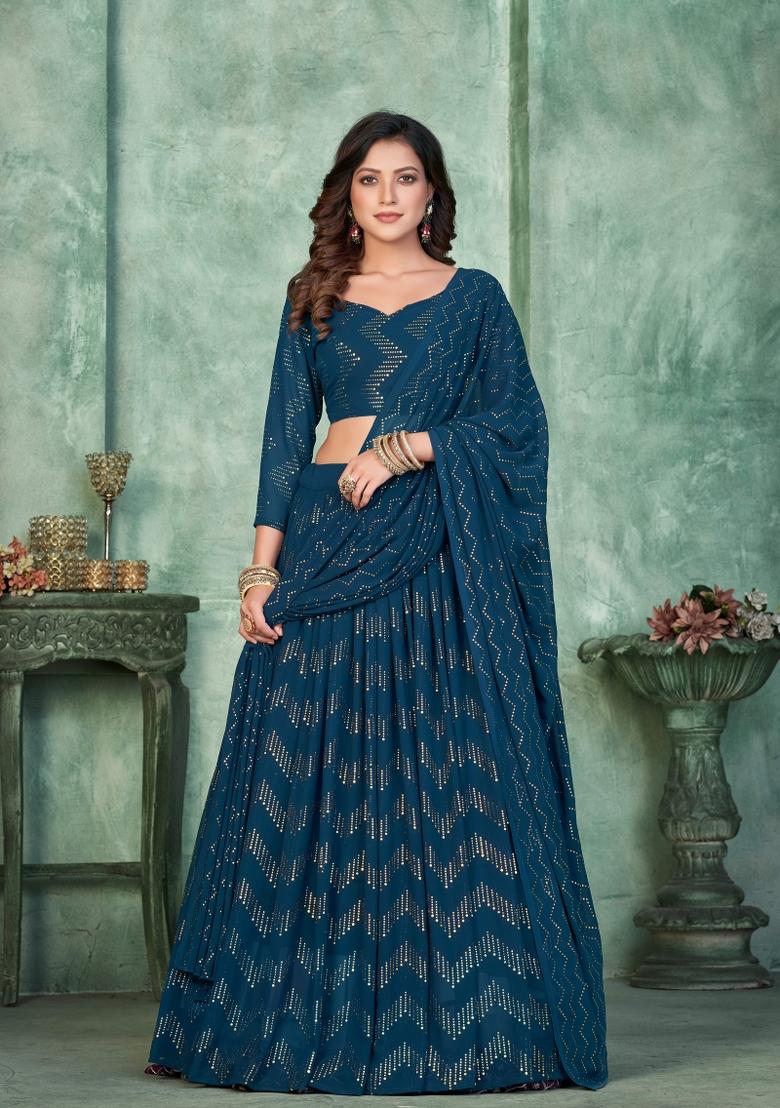 Aque Blue Embroidered Georgette Lehenga Set - Indya
