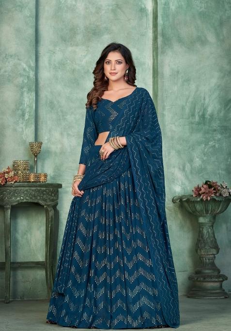 Aque Blue Embroidered Georgette Lehenga Set