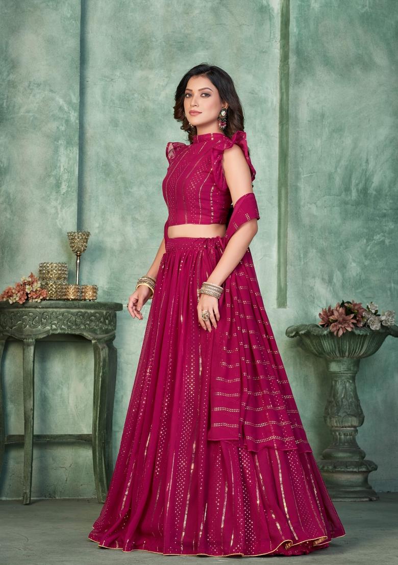Pink Embroidered Georgette Lehenga Set - Indya
