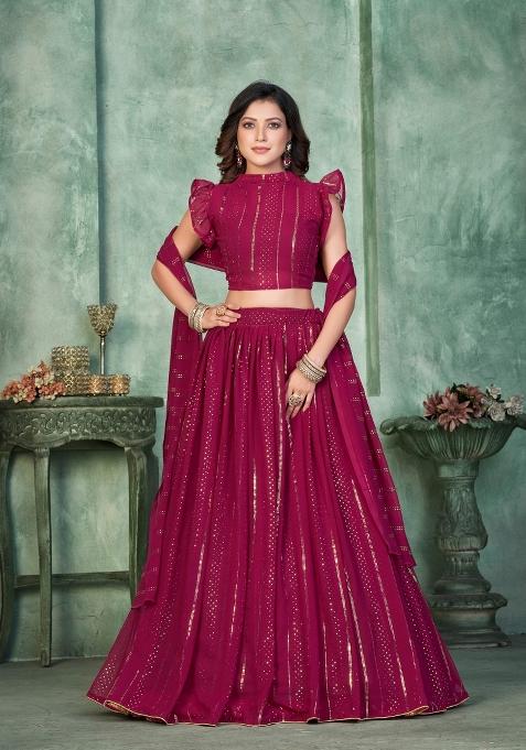 Pink Embroidered Georgette Lehenga Set