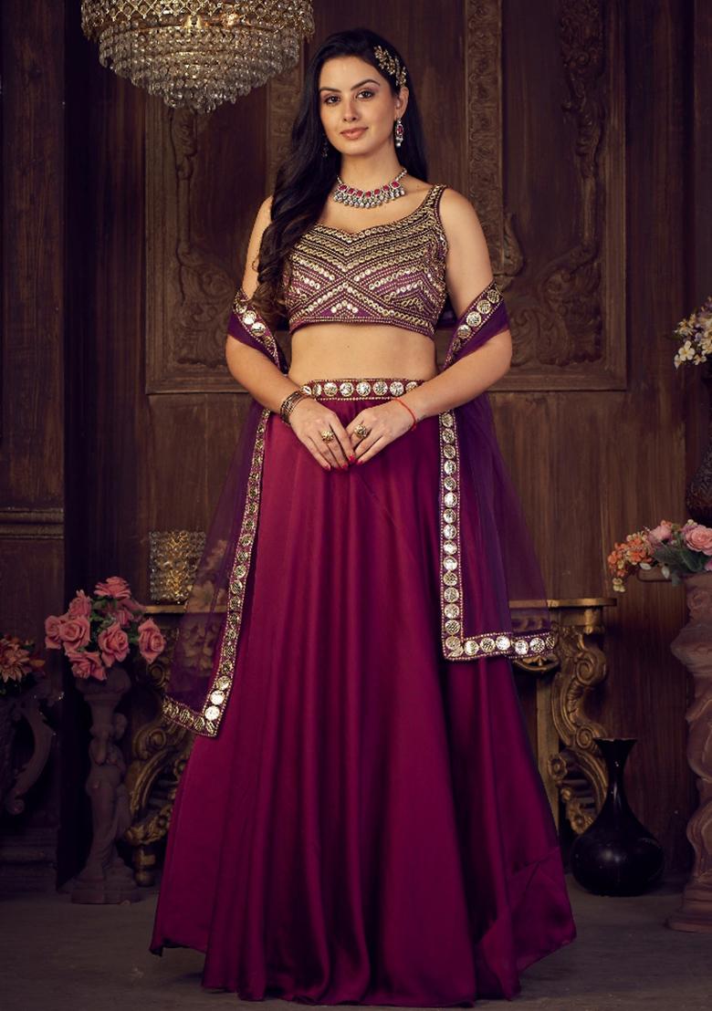 Purple Embroidered Silk Blend Lehenga Set - Indya