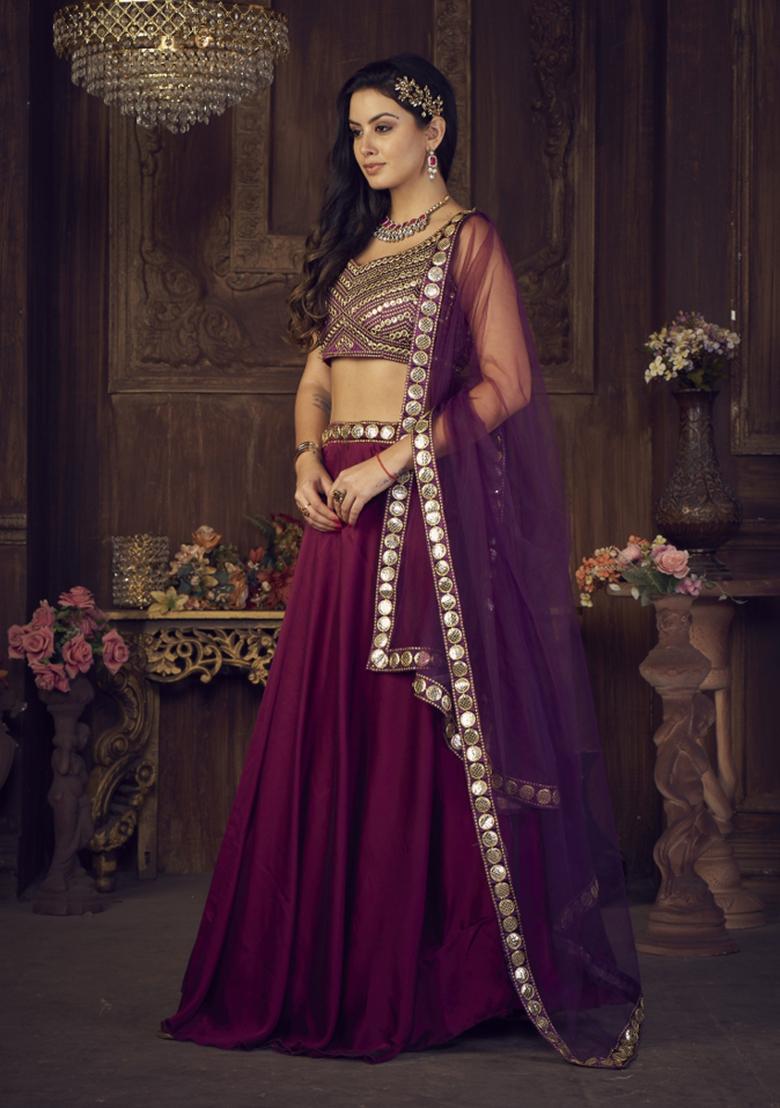 Purple Embroidered Silk Blend Lehenga Set - Indya