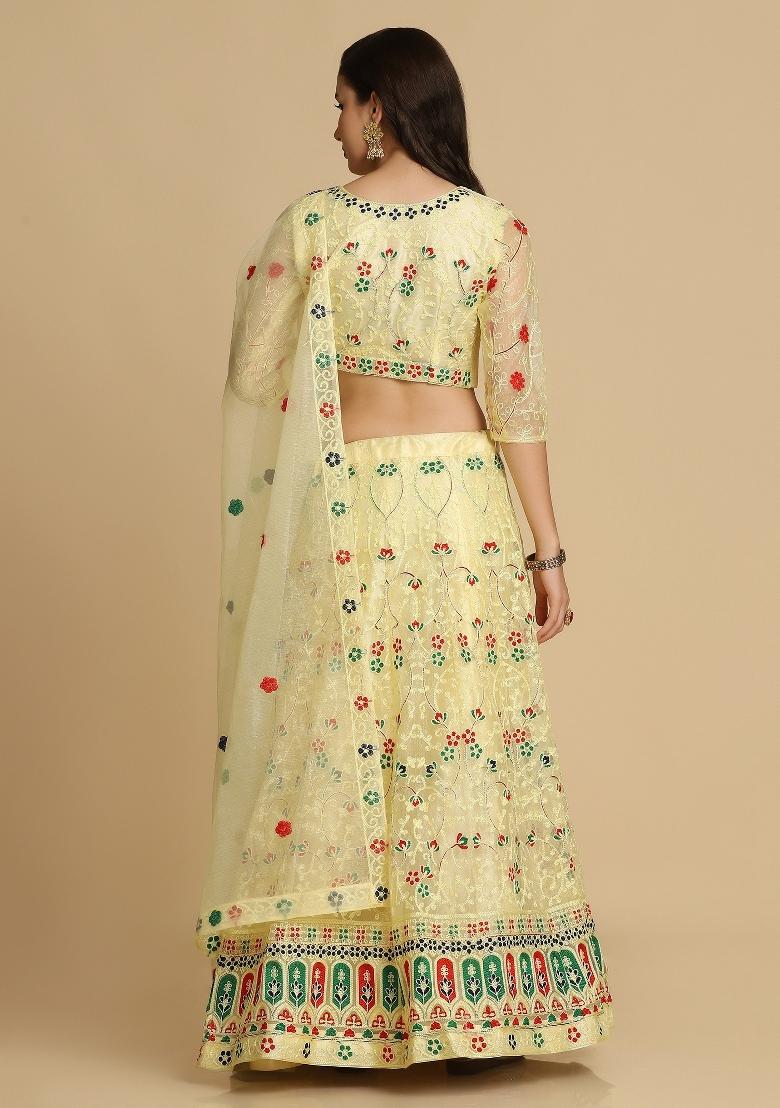 Yellow Embroidered Net Lehenga Set - Indya