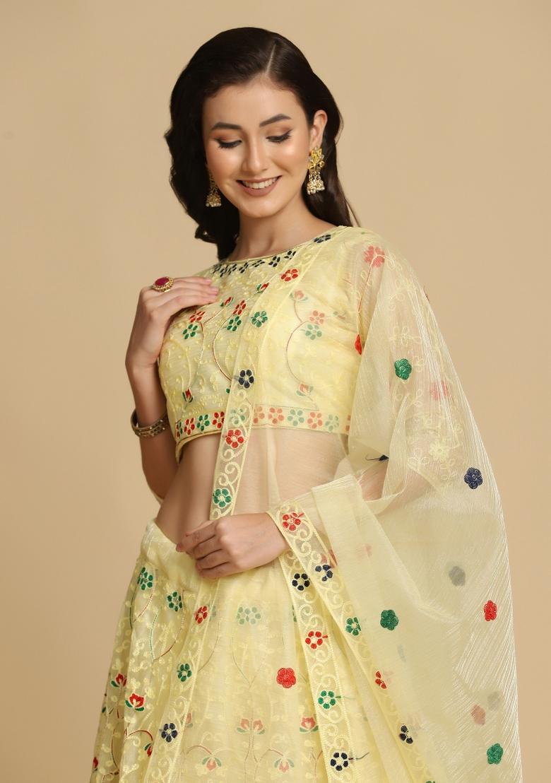 Yellow Embroidered Net Lehenga Set - Indya