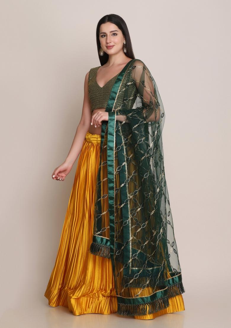 Yellow Solid Satin Lehenga Set - Indya