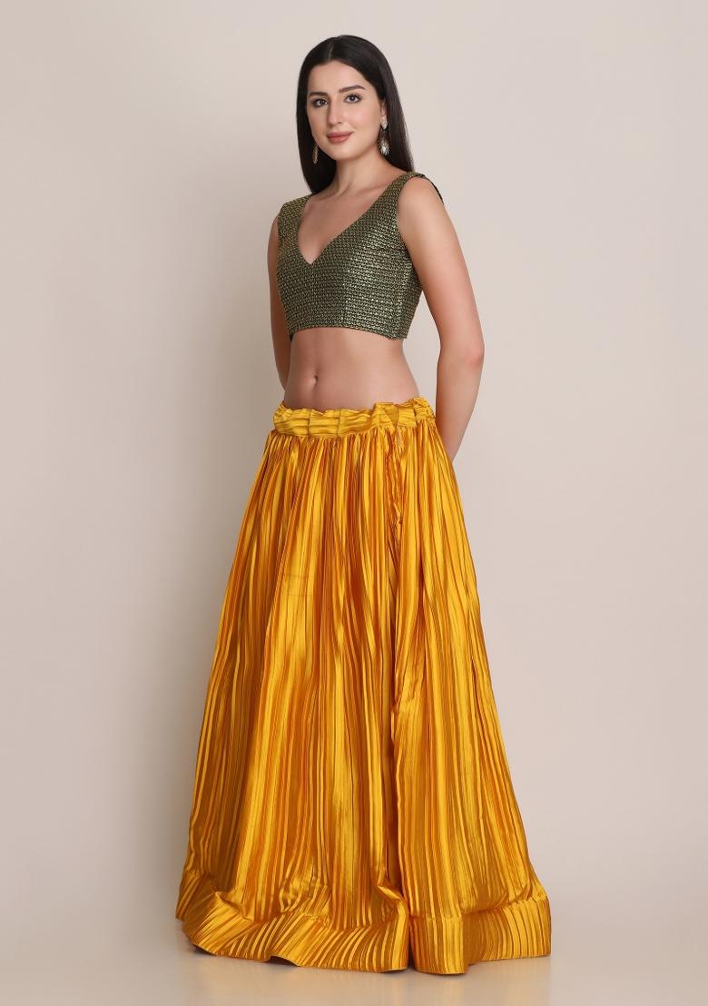 Yellow Solid Satin Lehenga Set - Indya