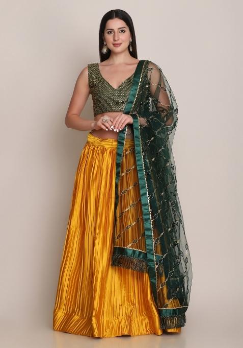 Yellow Solid Satin Lehenga Set