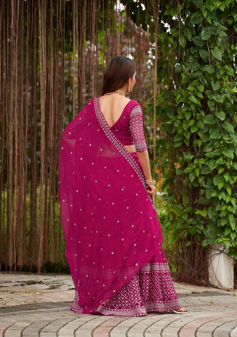 Pink Embroidered Georgette Lehenga Set - Indya