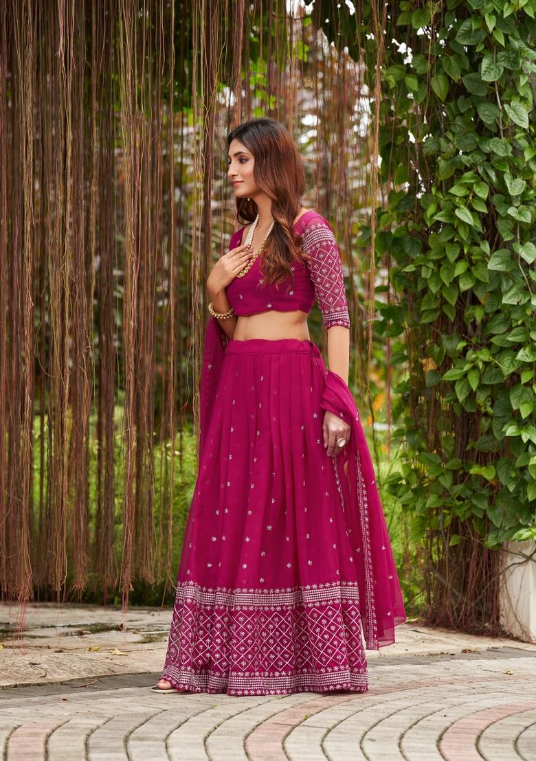 Pink Embroidered Georgette Lehenga Set - Indya