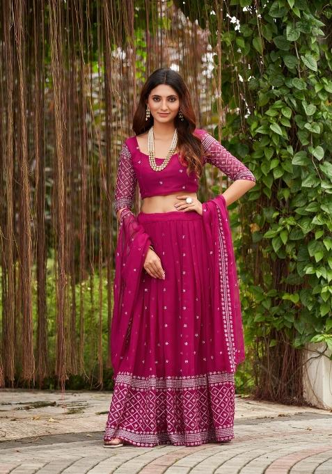 Pink Embroidered Georgette Lehenga Set