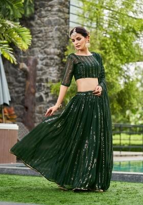 Green Embroidered Georgette Lehenga Set