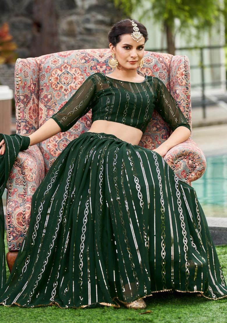 Green Embroidered Georgette Lehenga Set - Indya