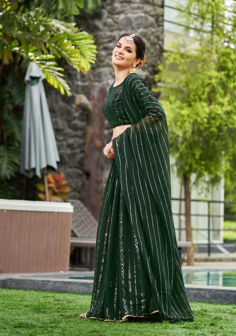 Green Embroidered Georgette Lehenga Set - Indya