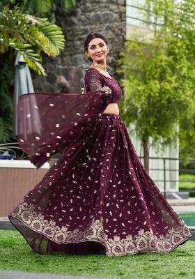 Purple Embroidered Georgette Lehenga Set