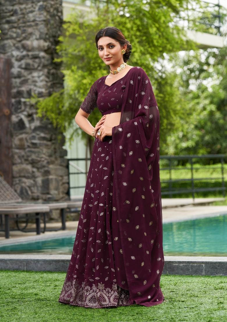 Purple Embroidered Georgette Lehenga Set - Indya