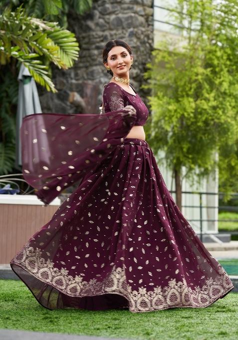 Purple Embroidered Georgette Lehenga Set