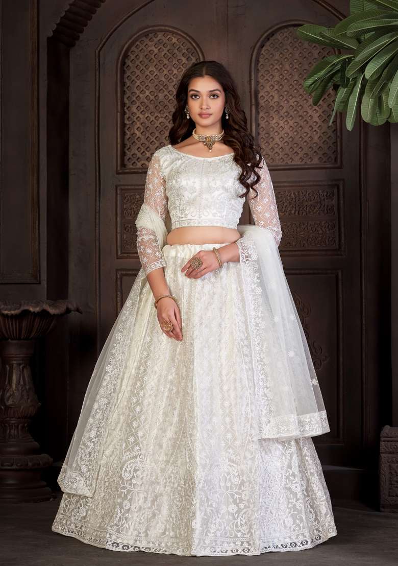 White Embroidered Net Lehenga Set - Indya