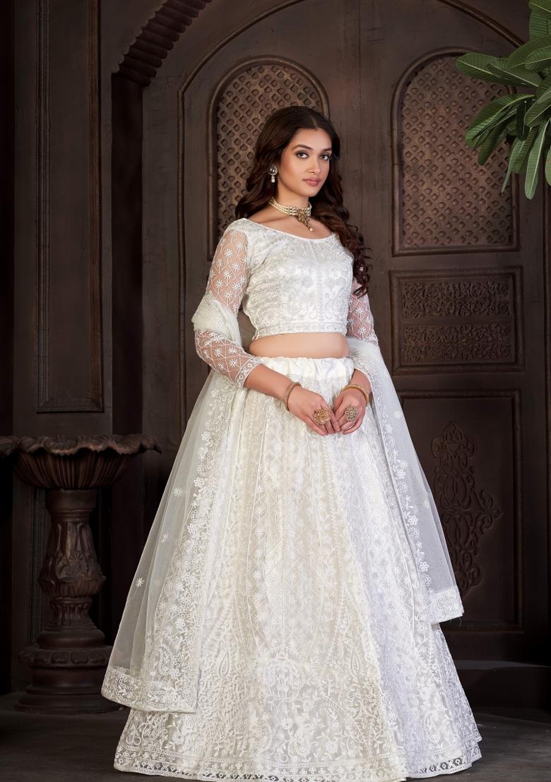White Embroidered Net Lehenga Set - Indya