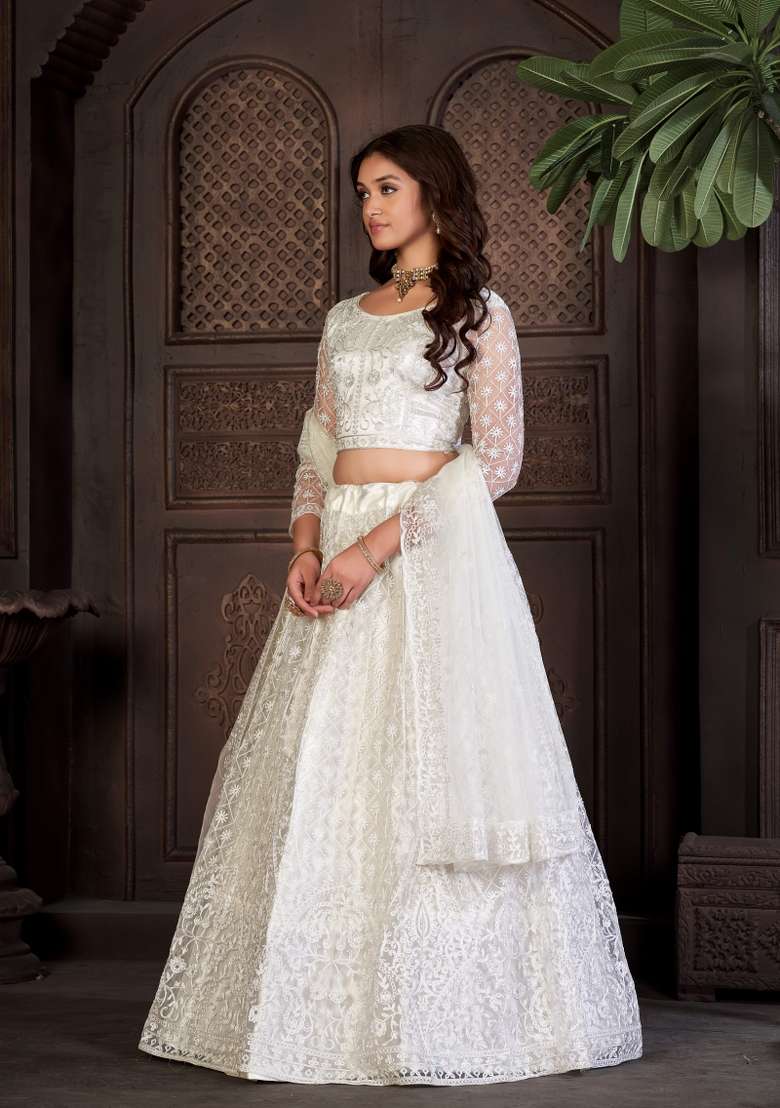 White Embroidered Net Lehenga Set - Indya