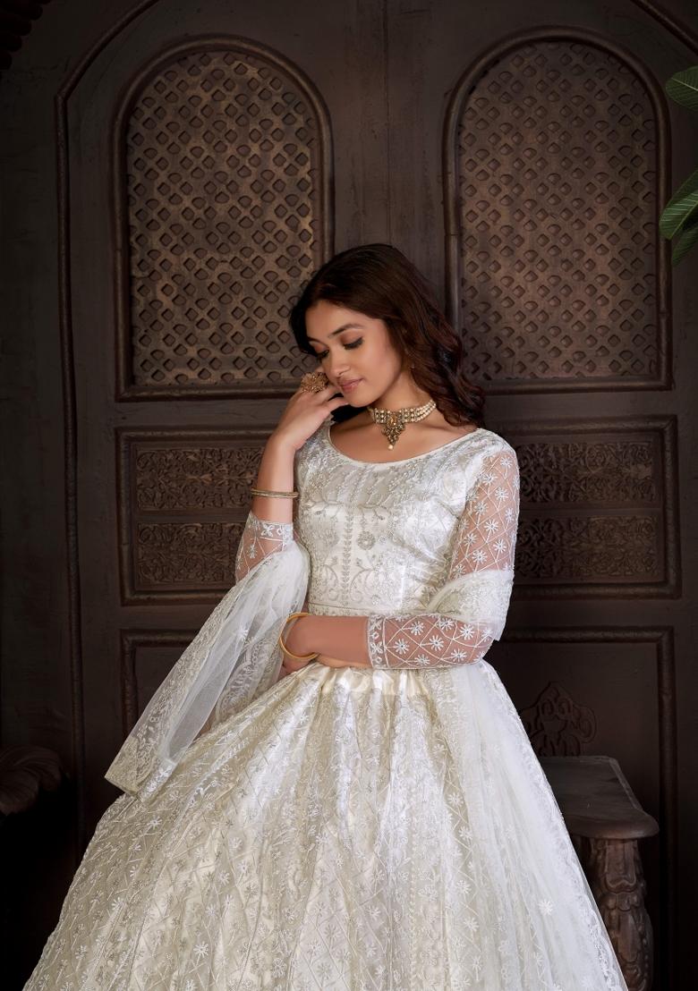 White Embroidered Net Lehenga Set - Indya