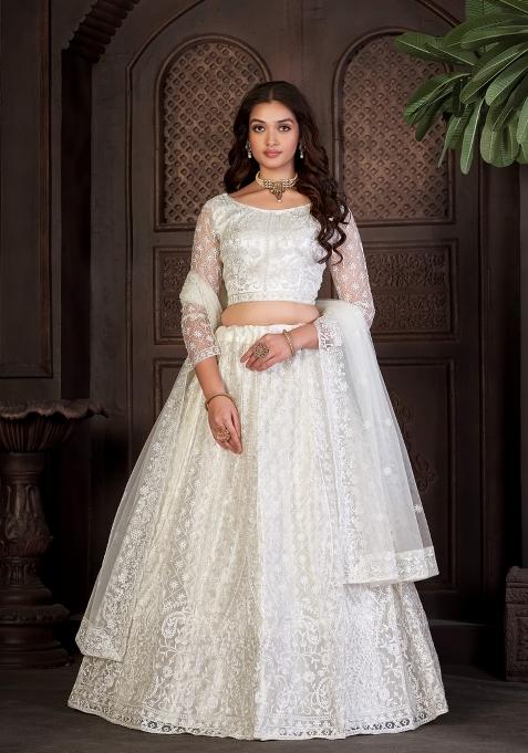 White Embroidered Net Lehenga Set