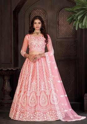 Peach Embroidered Net Lehenga Set