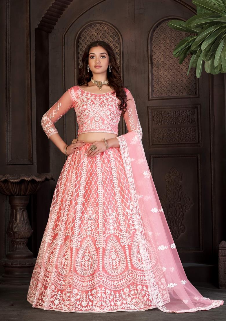 Peach Embroidered Net Lehenga Set - Indya