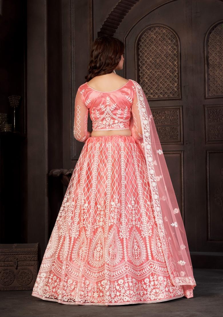 Peach Embroidered Net Lehenga Set - Indya