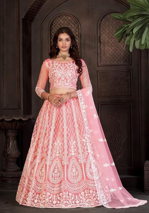 Peach Embroidered Net Lehenga Set