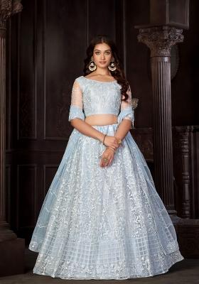 Light Sky Blue Embroidered Net Lehenga Set