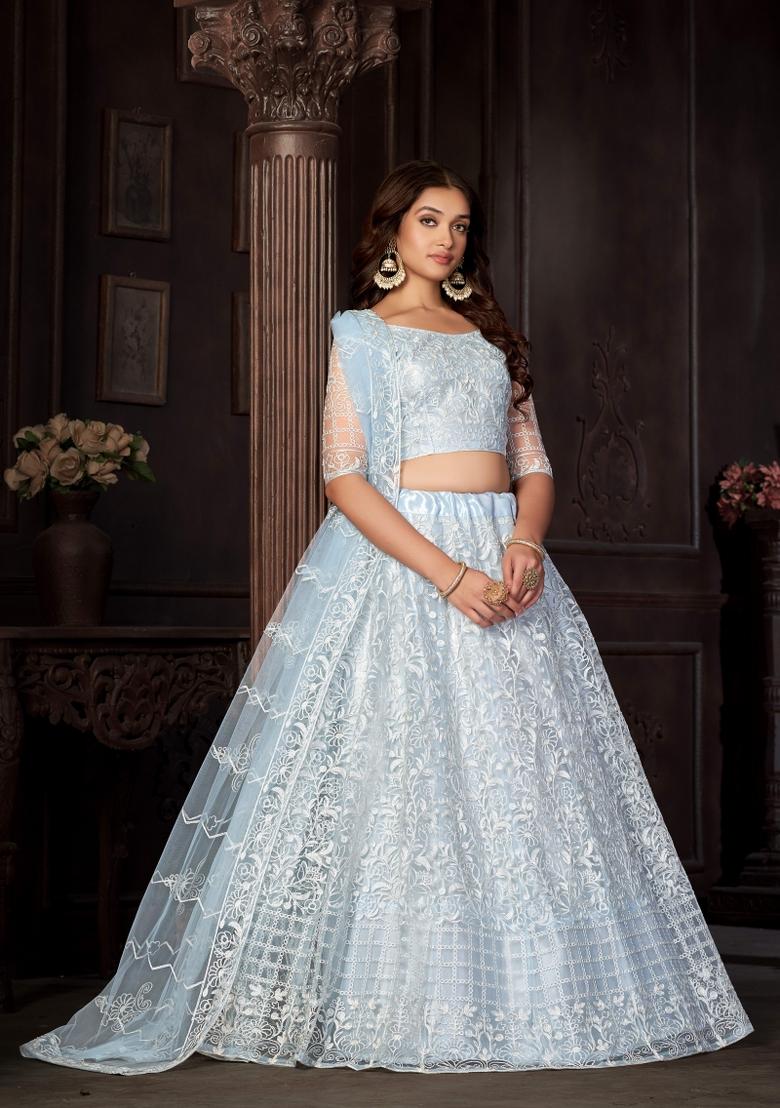 Light Sky Blue Embroidered Net Lehenga Set - Indya