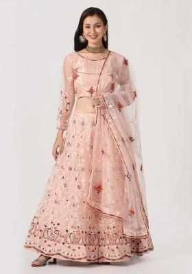 Peach Embroidered Net Lehenga Set