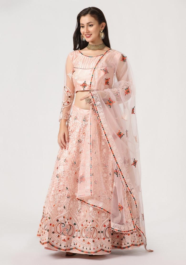 Peach Embroidered Net Lehenga Set - Indya
