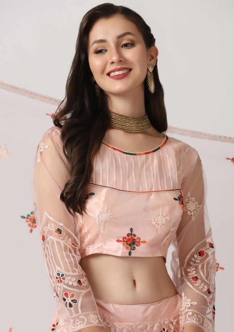 Peach Embroidered Net Lehenga Set - Indya