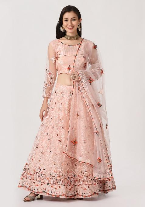 Peach Embroidered Net Lehenga Set