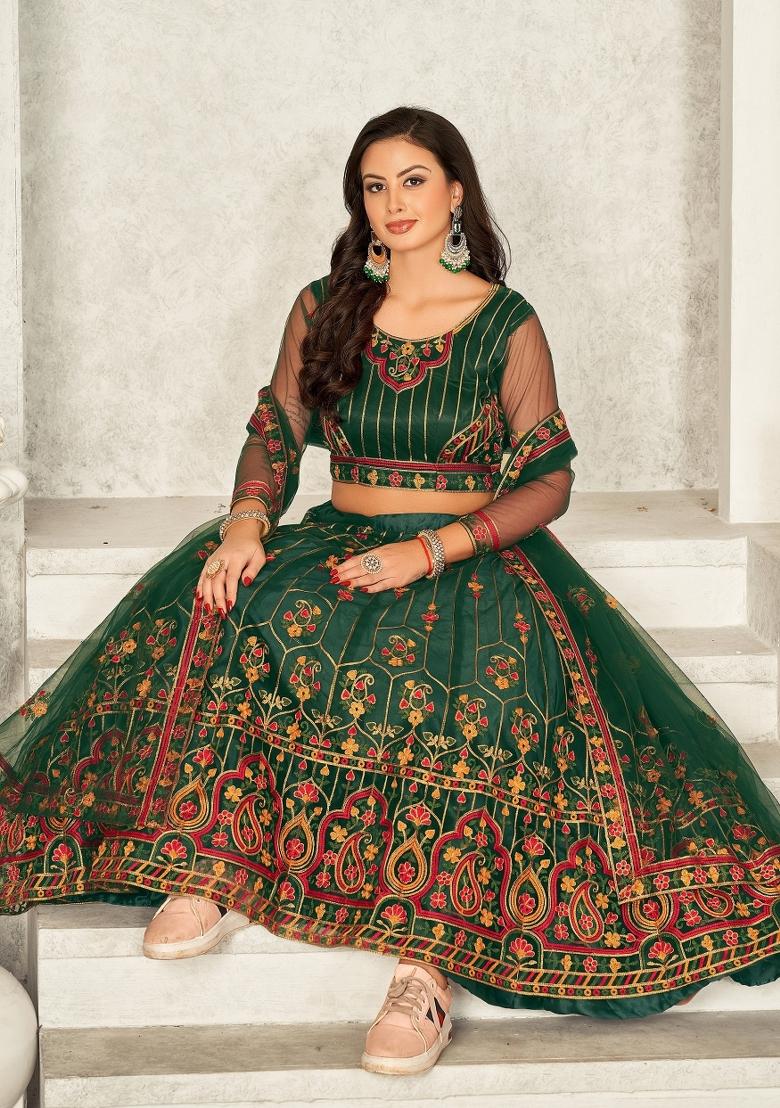 Green Embroidered Net Lehenga Set - Indya