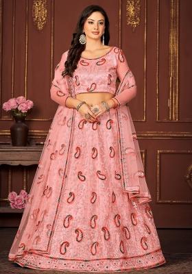 Peach Embroidered Net Lehenga Set