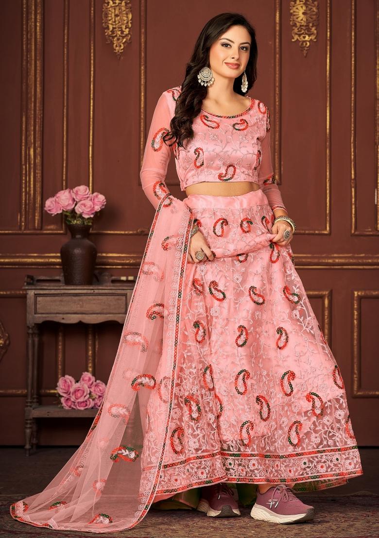Peach Embroidered Net Lehenga Set - Indya