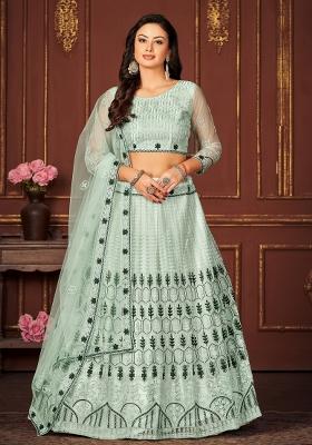 Mint Green Embroidered Net Lehenga Set
