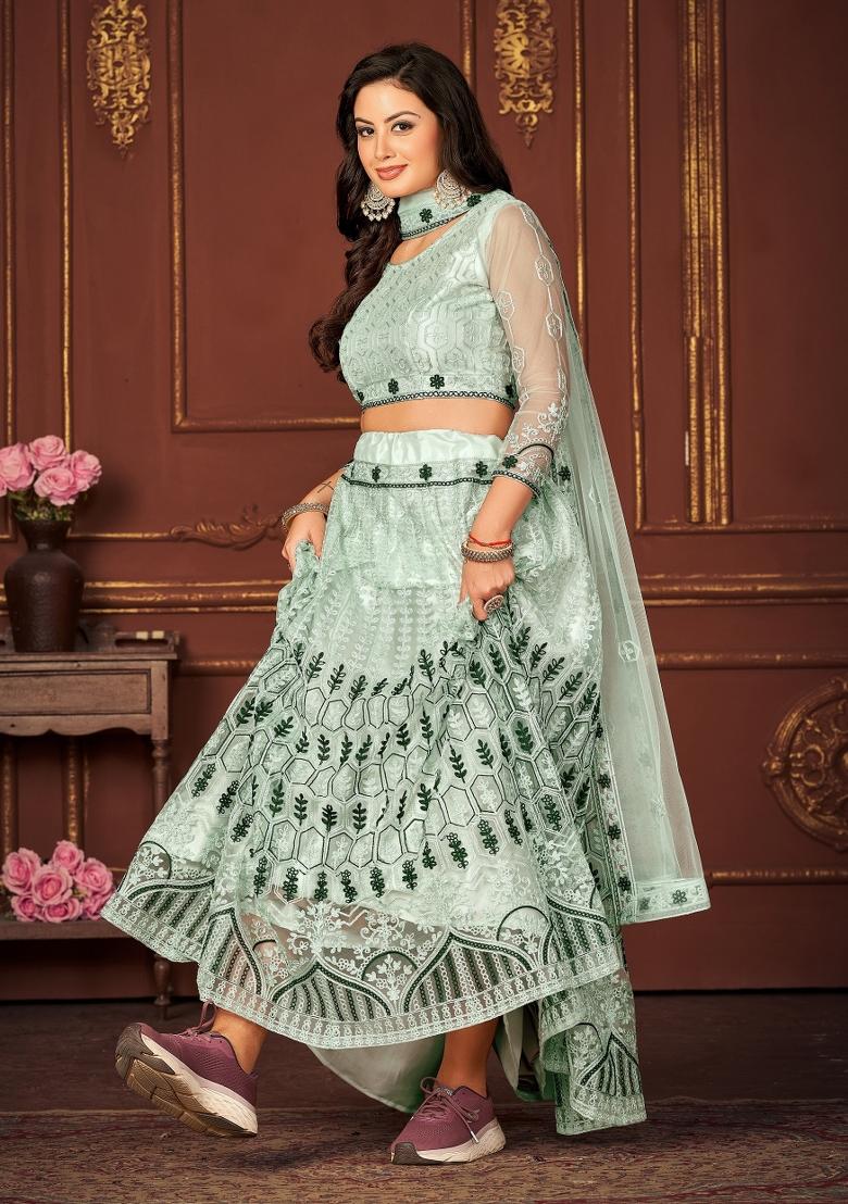 Mint Green Embroidered Net Lehenga Set - Indya