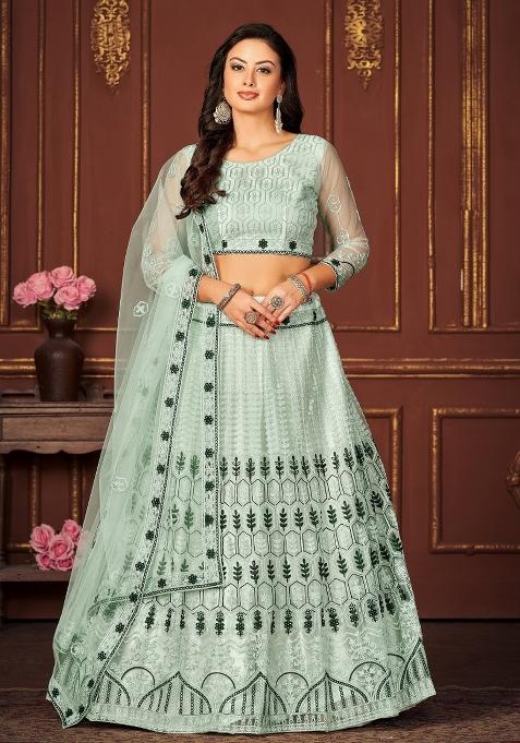 Mint Green Embroidered Net Lehenga Set