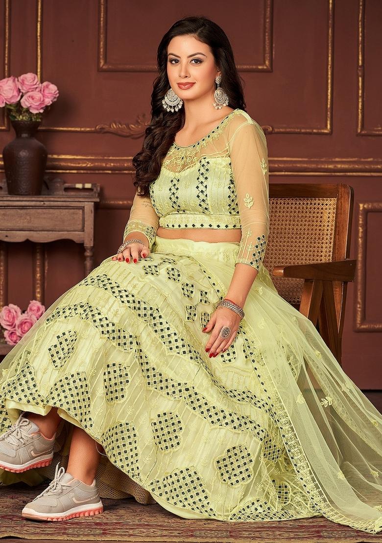 Yellow Embroidered Net Lehenga Set - Indya