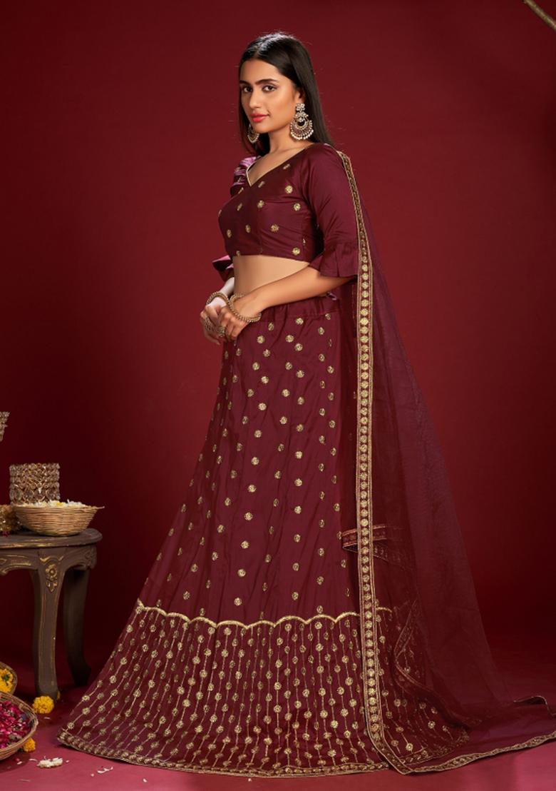 Brown Embroidered Silk Blend Lehenga Set - Indya