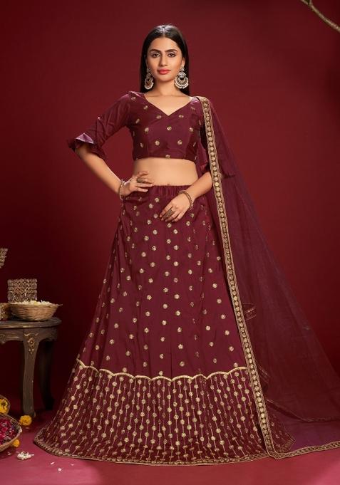 Brown Embroidered Silk Blend Lehenga Set