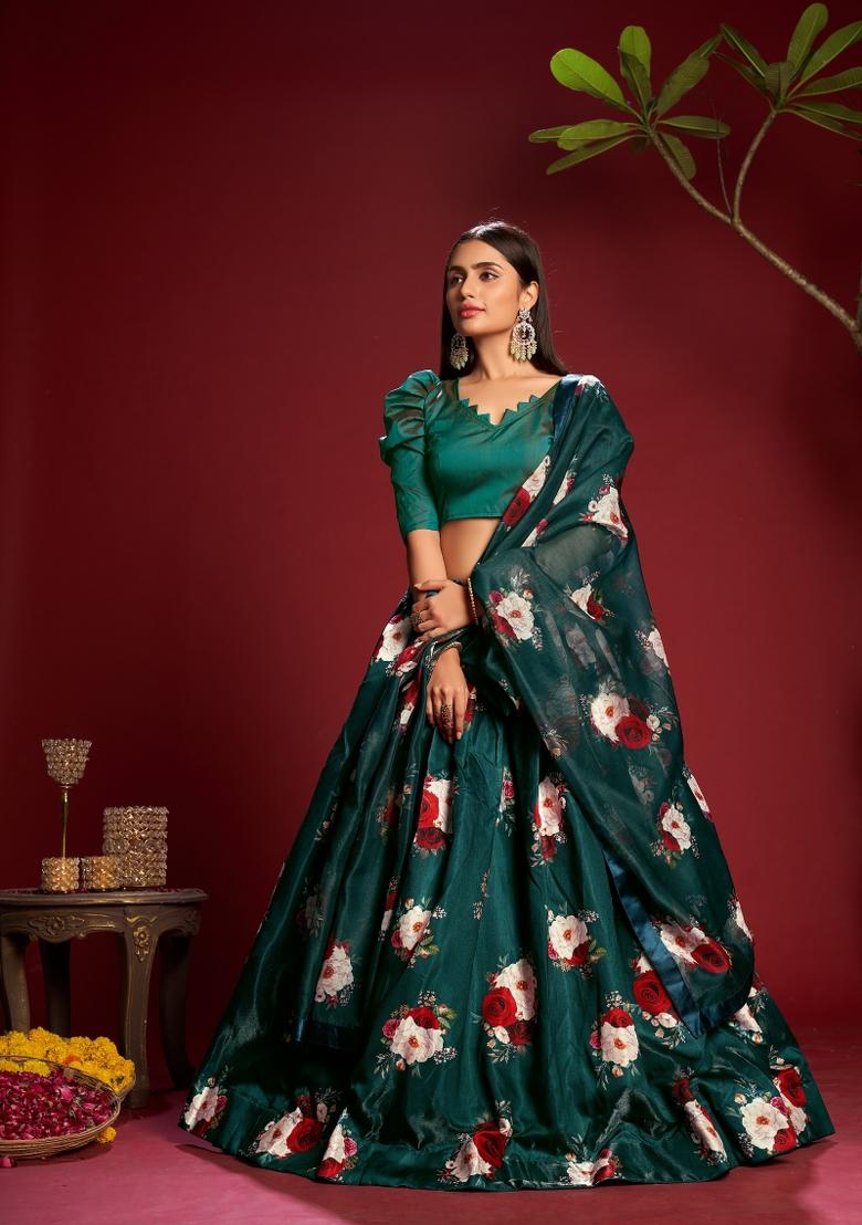 Green Floral Print Silk Blend Lehenga Set - Indya