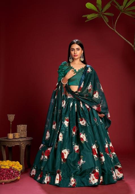 Green Floral Print Silk Blend Lehenga Set