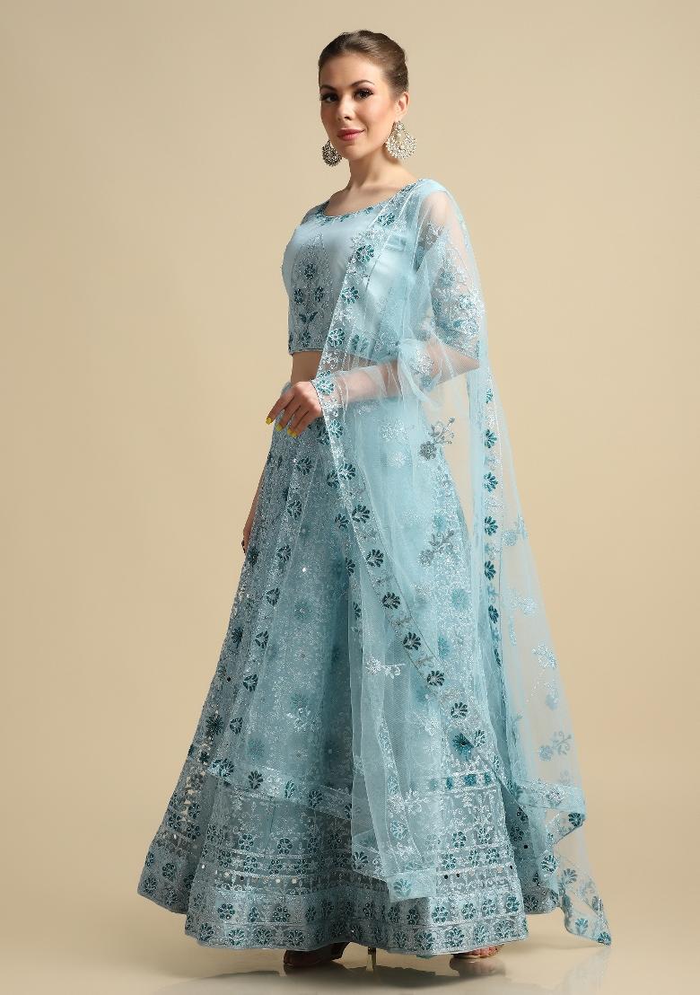 Sky Blue Mirror Work Net Lehenga Set - Indya